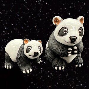 LEPS Peru Folk Art Pottery Panda w Cub Clay Handmade Figurine Marked 2 Set 2”T